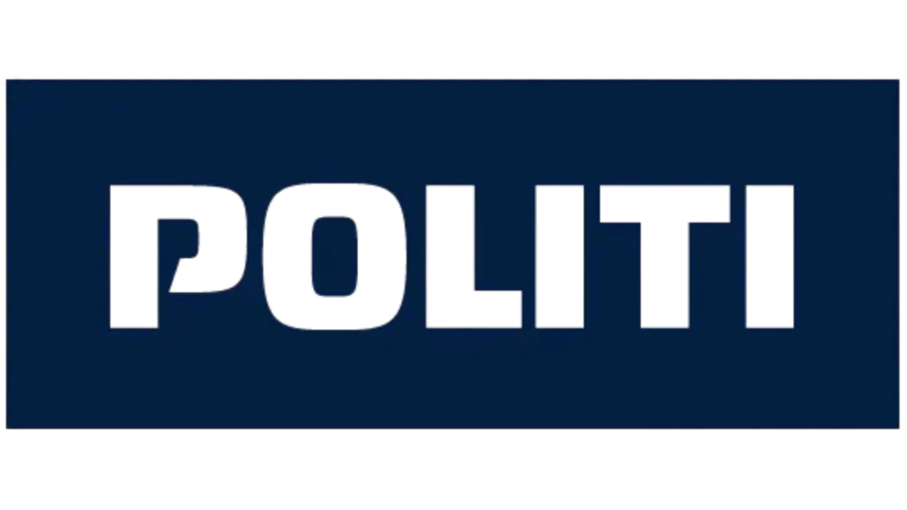 Politi logo på blå baggrund, symbol for dansk politi.